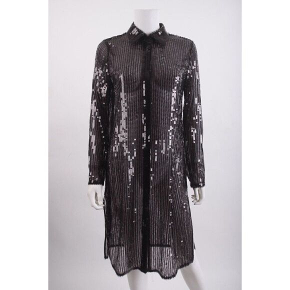 Elie Tahari Womans Sequin Shirt Dress Size XS Black Collared Button Front NWT - Picture 1 of 6